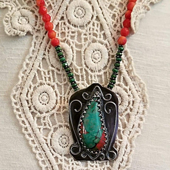 Sonora Sunrise Turquoise & Coral 925 Silver Neckla - Picture 4 of 5